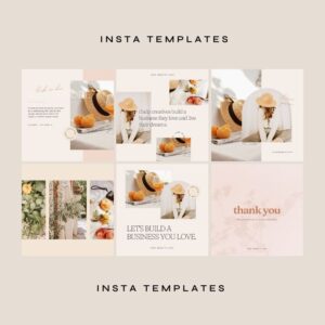 Collage of Instagram templates featuring a woman in a hat, peaches, and greenery. Text includes motivational phrases and a "thank you" note. Neutral tones convey warmth.