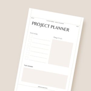 A minimalist project planner page with sections for notes, tasks, and a schedule on a beige background, conveying organization and clarity.